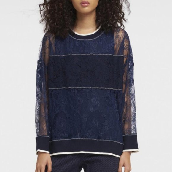 DKNY Lace Pullover with Ribbed Trim Top, Size S - Picture 2 of 3